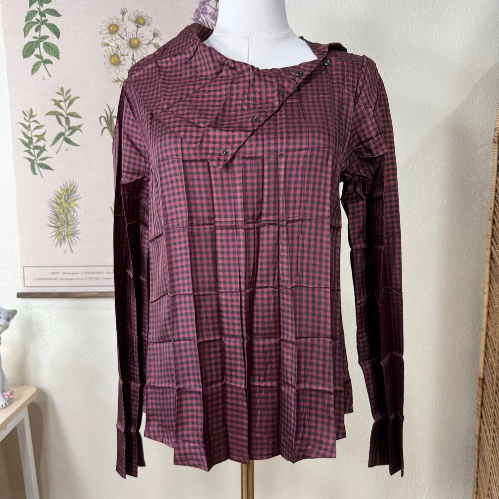 Babette Gingham Plaid Satin Asymmetric Snap Collar Blouse Top Avant Garde Chic M